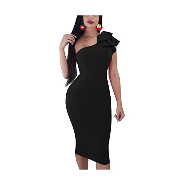Mokoru-Womens-Sexy-Ruffle-One-Shoulder-Sleeveless-Bodycon-Party-Club-Midi-Dress Mokoru Women's Sexy Ruffle One Shoulder Bodycon Elegant Cocktail Party Midi Dresses, Large, Black