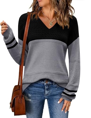 Image of Zeagoo Womens 2026 Fall Sweaters Casual Long Sleeve Ribbed Knit Pullover V Neck Lightweight Crochet Pullover Sweater Top