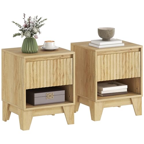 HOMCOM Lot de 2 Tables de Chevet étroites, Table d'appoint avec Compartiment Ouvert et 1 tiroir, Panneaux cannelés pour Chambre à Coucher, Salon, Bois...