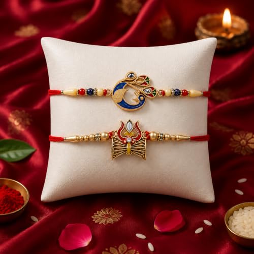 Image of Oblivion Peacock Mor and Mahadev Trishul Rakhi Pair for Brother with Silver Colour Pooja Thali, Roli Chawal, Coin and Greeting Card