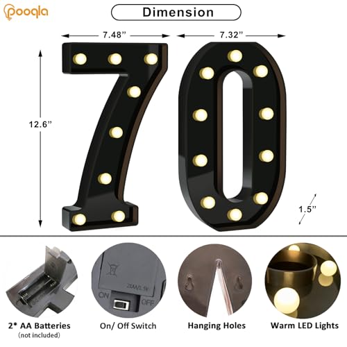 Image of Pooqla 70th Birthday Decorations for Men, Large Black Light Up Numbers | Black Party Decorations, 12.6in Tall Big Marquee Numbers 70th Anniversary Birthday Gift for Men Him Room Decor