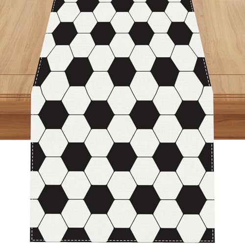 Jiudungs Linen White and Black Vintage Soccer Table Runner 72 Inches Long Soccer Table Decor Soccer Party Decoration and Supplies for Table