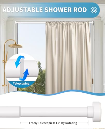 Image of White Shower Curtain Rod 34-82 Inches(2.8-6.8ft) Adjustable Shower Rod No Drilling Non-slip Never Rust Shower Tension Rod for Bathroom Bedroom Windows Outdoor Garden