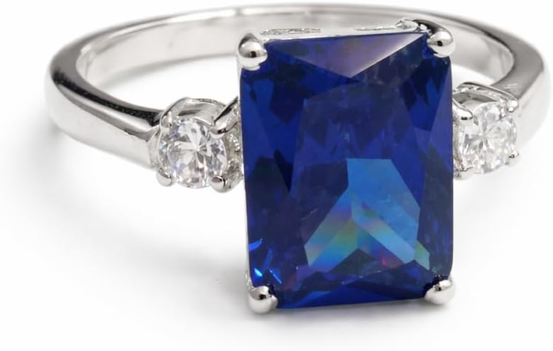 Emerald Cut Blue Sapphire Ring 925 Sterling Silver Engagement Ring for Women.”