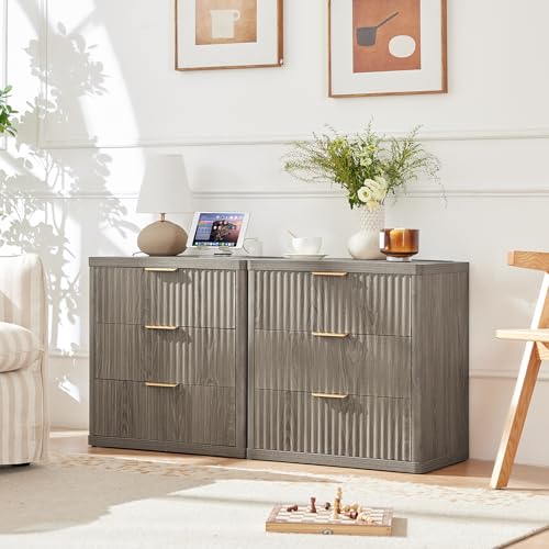Image of LEYAOYAO 23 inch Wide Fluted Night Stand with Charging Station,3 Drawers Large End Table with Storage,Grey Nightstand Wood Bedside Tables, Farmhouse Cabinet Dresser for Bedroom,Closet