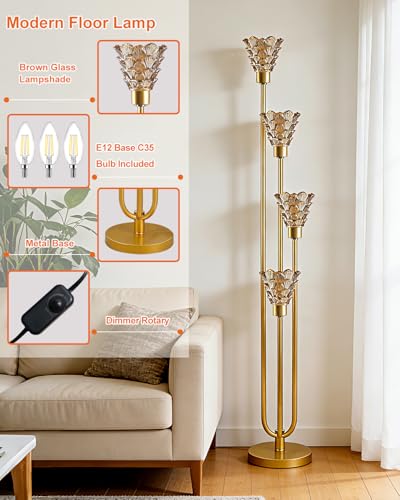 Image of Lightdot Glass Floor Lamp Dimmable 4-Lights Gold with Amber Glass Shade 3000K Bulbs Included Mid Century Modern Standing Tall Lamp with 5Lbs Heavy Base for Living Room /Bedroom /Sofa Beside /Corner Decor