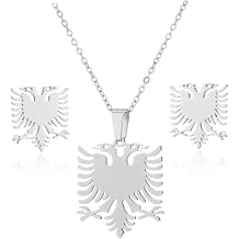 Snner Albanian Eagle Polished Stainless Steel Earrings Pendant Necklace Kit, Jewelry Accessories for Women Men1Pair x Earrings, 1xNecklace
