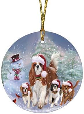 Express Delivery Red Truck Running Cavalier King Charles Spaniel Dogs Round Flat Ornament - Pet Decorative Hanging Ornaments for Christmas X-mas Tree Decorations - 2.75" Round Christmas Ornament