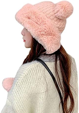 Fluffy Knit Beanie Hats for Women Winter Faux Fur Warm Knit Crochet Skull Cap with Pompom Outdoor Ear Cover Pink