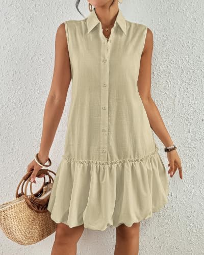 Image of Bsubseach Womens Casual Summer Dresses Sleeveless Linen Bubble Mini Short Dress Button Down Shirt Sundress with Pockets