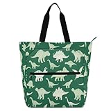 HXshaoye Decorative Cute Book Tote Bag for Boys Girls Women, Dinosaur Triceratops Stegosaurus Green Water-resistant Reusable Grocery Bag with Zipper Pockets for School Shopping Grocery Rainbow de