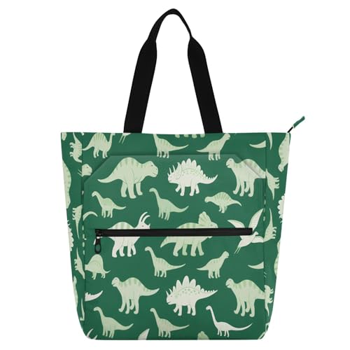 HXshaoye Decorative Cute Book Tote Bag for Boys Girls Women, Dinosaur Triceratops Stegosaurus Green Water-resistant Reusable Grocery Bag with Zipper Pockets for School Shopping Grocery Rainbow de