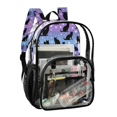 Kids PVC Clear Backpack Black Cat Blue Purples Heart Heavy Duty Multi-pockets Large Capacity Transparent See Through Bookbag for School Travel Sport Work2