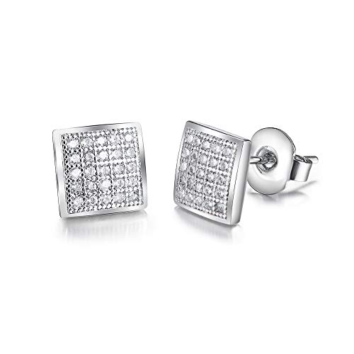 Bala - Pendientes de tuerca curvados y cuadrados para hombres, de 8 a 9,5 mm, oro blanco plateado y oro blanco de 18 K, y diamante chapado en oro