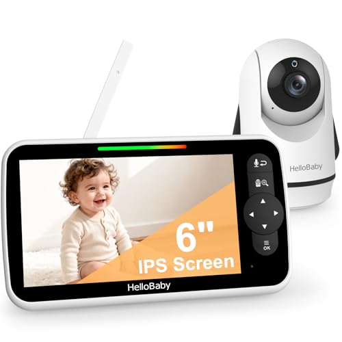 HelloBaby Monitor de Video para Bebés de 6', Pantalla Grande con Cámara y Audio, Batería de 4000mAh y Modo Eco, Visión Nocturna, Sin WiFi, Conversación Bidireccional y 8 Canciones de Cuna, Cámara PTZ