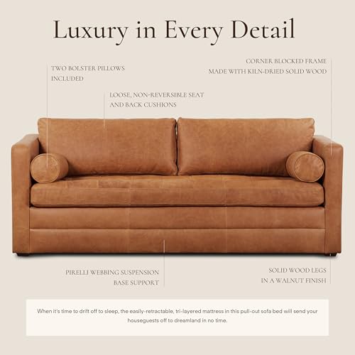 Image of POLY & BARK Napa 82 inch Leather Pull‑Out Sleeper Sofa - Full‑Grain Italian Leather Upholstery,Tri‑Layer Mattress & Storage Console -Sophisticated Multi‑Functional Sofa Bed for Living Rooms & Guest Spaces