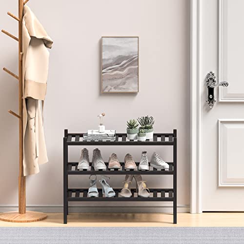 3 Tier (Thick) Bamboo Shoe Rack for Entryway, Small Wood Shoe Shelf Storage Organizer for Closet, Shoe Stand for Hallway, Stackable and Sturdy 27"x12"x21" Black
