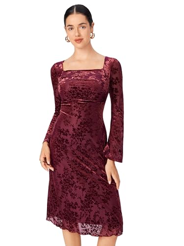 CIDER Womens Velvet Floral Long Sleeve Midi Dress Square Neck Elegant Party Dresses3