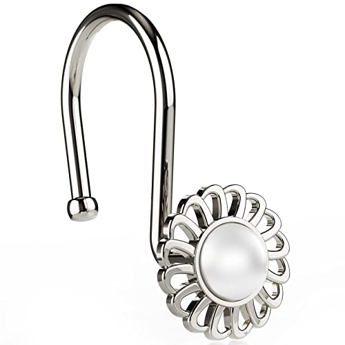 iToplin Nickel Shower Curtain Hooks Rings, Decorative Shower Curtain Hangers, Heavy Duty Metal Shower Rings, Sunflower Shower Hooks for Shower Curtain Rod and Liner, Bathroom Curtain Hooks, Set of 12