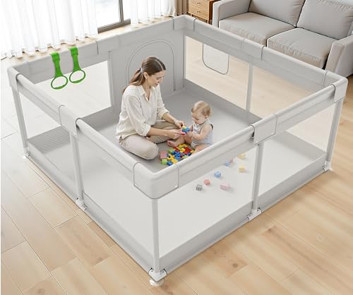Image of Fodoss Baby Playpen for Babies and Toddlers, 50x50in Small Play Pen, Grey | Breathable Mesh Play Yard for Indoor & Outdoor, Sturdy Safety Play Area with Pull-Up Rings