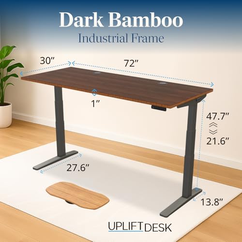 Image of UPLIFTDESK Dark Bamboo (72 x 30 inch) Standing Desk 2-Leg V3 Adjustable Stand Up C-Frame (Indus.), Advanced Keypad, Wire Grommets, Wire Tray, Rocker Board