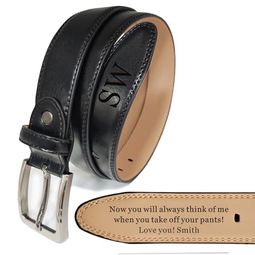 Personalized Mens Belt Engraved Leather Belt for Men Valentines Day Gifts for Him Husband Boyfriend Custom Men's Belt Gifts for Valentines Day Birthday Wedding Christmas(Design 1, Black)