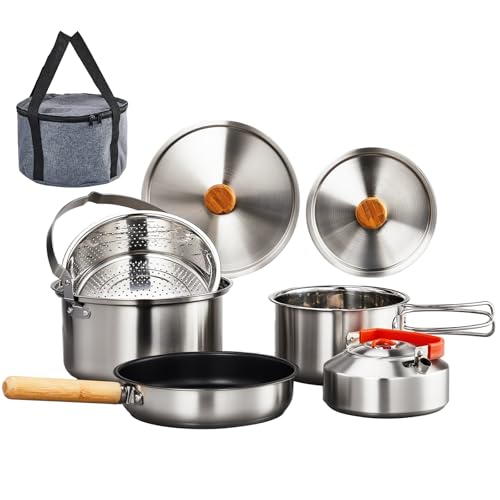 ROVSUN 6pcs Cookware Set, 304 Stainless Steel Lightweight Non-Stick Pot, Kettle and Spin with Travel Tote Bag for Open Fire, Camping, Outdoor Cooking for 4-6