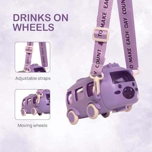 Image of PLUSPOINT Bus Water Bottle for Kids Detachable Straw Water Cup with Shoulder Strap Leak-Proof Kids Drink Cup Cute Cartoon Water Jug Toy with Wheels Toddler Bus Bottle for Boys and Girls
