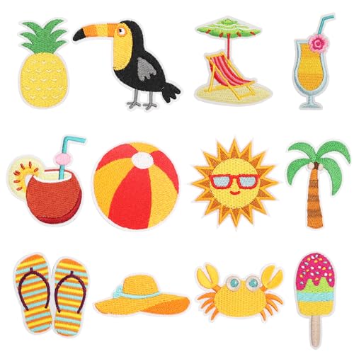 mortd 12 Pcs Summer Iron On Patches, Hawaiian Tropical Ice Cream Embroidered Patches, Summer Appliques Sew-On & Iron-On Repair Patch for Holiday DIY Crafts Clothing Bag Hat Decorations Party Supplies
