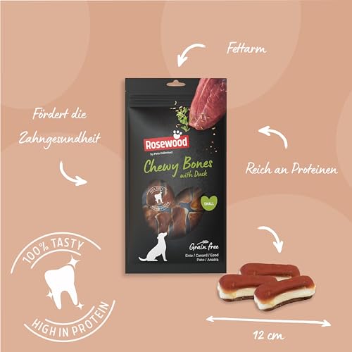 Rosewood Chewy Bones Ente Small – Kleine Kauknochen für Hunde, Kausnack aus Rinderhaut mit Ente, unterstützt die Zahnpflege, ohne Getreide, ohne künstliche Zusatzstoffe, 80 g