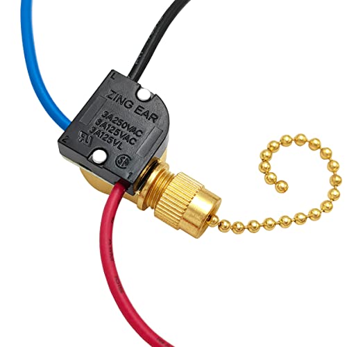 Image of Ceiling Fan Switch Kit Zing Ear ZE-110M Pull Chain Light Switch 3 Wire Metal Body Speed Fan Switch Ceiling Fan Light Lamp Replacement Switch with Pulling String, Brass