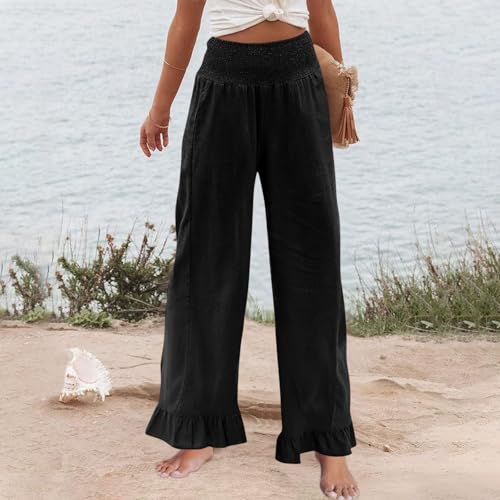 Image of Women Linen Pants Dressy Casual Summer Boho Ruffle Hem Wide Leg Cropped Pants Smocked High Waisted Palazzo Pant