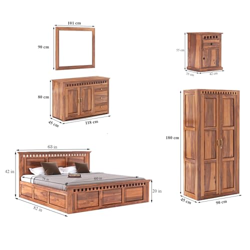 Image of SONA ART & CRAFTS Kuber Solid Sheesham Wood Bedroom Set | Queen Size Bed with Box Storage, Wardrobe, Chest of Drawer & Two Bedside Tables - Natural Finish (Assembly Included)