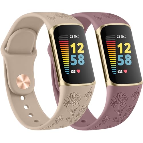 Vancle Juego de 2 pulseras para Fitbit Charge 6/Fitbit Charge 5 para hombre y mujer, silicona, correa de silicona grabada con flores, correa de reloj de repuesto ajustable