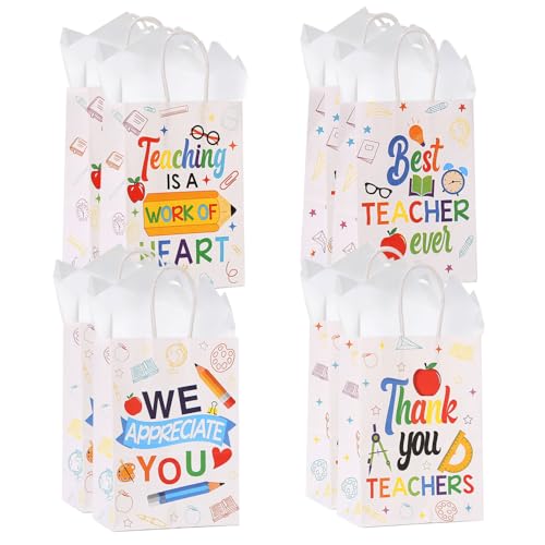 Colodeol 8 Pcs Teacher Appreciation Gift Bags Thank You teacher Tote Bag With Tissue Teachers Treat Candy bags For Office Party Decorations Supplies