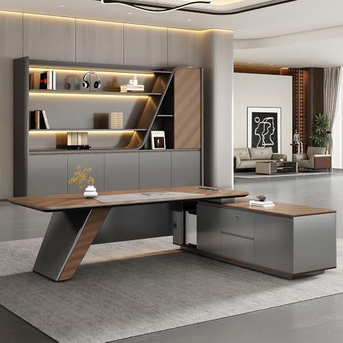 Image of Lakdi The Furniture Co Luxury Director Table with Curved Wooden Top, Integrated LED Accent Panel, Matte Grey Base & Premium Modern Executive Office Furniture - LDL-735