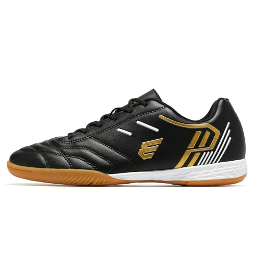 EPIMENO Men's Indoor Soccer Shoes for Women's Trainer Rubber Futsal Shoes for Athletic Flat Outsole Training Sneaker Black/White/Gold