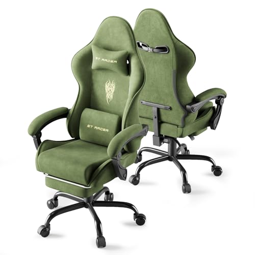 Huracan Silla para videojuegos con soporte lumbar de masaje, transpirable y ergonómico, de tela de terciopelo, silla para videojuegos con reposacabezas ajustable y cojín lumbar, reposapiés, color
