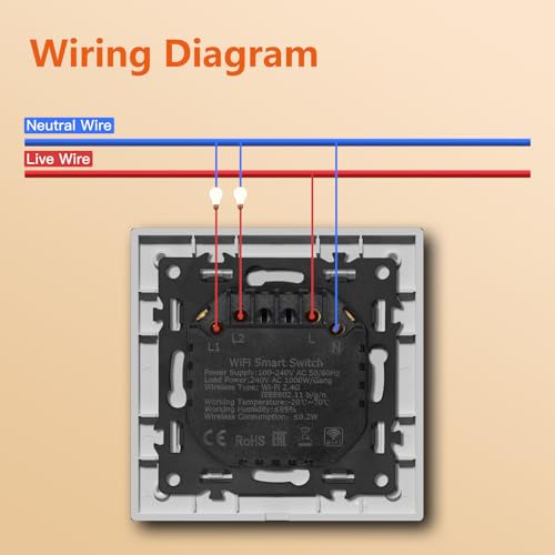 MVAVA Touch Lichtschalter Unterputz, Wlan Smart Lichtschalter Kompatibel mit Alexa/Google Home Work mit Tuya/Smart Life, Glas Alexa Lichtschalter, Neutrale Leitung Benötigt 2 Fach 1 Weg
