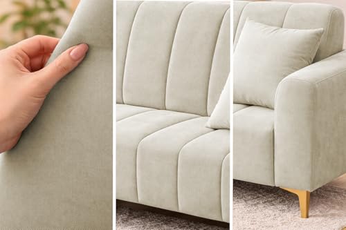 Image of Casaliving Velour Modern Velvet Sofa, Tufted Design Upholstered 3 Seater Sofa Set for Living Room, (Cream Colour) Premium Velvet Fabric Sofa | Easy to Clean