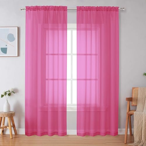 Image of Simplebrand Hot Pink Sheer Curtains 84 Inches Long, Light Filtering Rod Pocket Solid Color Window Sheer Curtain Panels, Elegant Curtains & Drapes for Living Room, Bedroom 2 Panels 42 inch W x 84 inch L