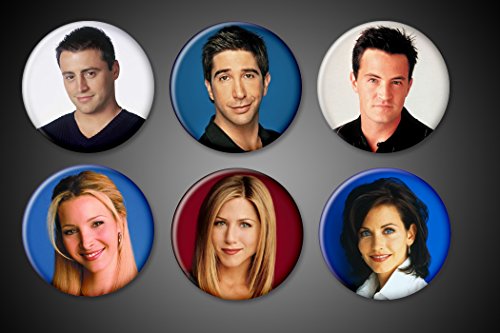 Friends TV Show Pins Magnets Series Set of 6 Rachel Green Ross Geller Monica Geller Joey Tribiani Chandler Bing Phoebe Buffet 10 years fridge (Pins, 1.75 Inch Round)