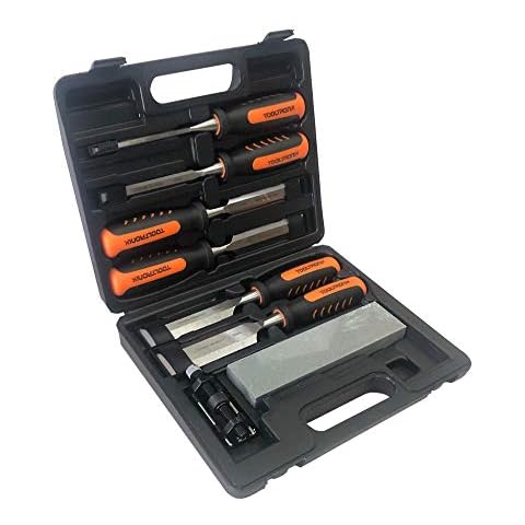 ToolTronix 8 Pc Wood Carving Chisel Set with Sharpening Stone & Honing Guide for Carpentry Woodworking Storage Box Included Cover