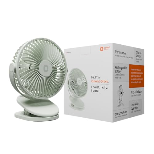 Image of Orient Electric Orbis Rechargeable Personal Fan | 360 Rotation | 1800 mAh Battery | 4 Speed Modes with Timer | Quiet Operation | USB Type-C Charging | Clip-On Mini Fan | Matcha Green