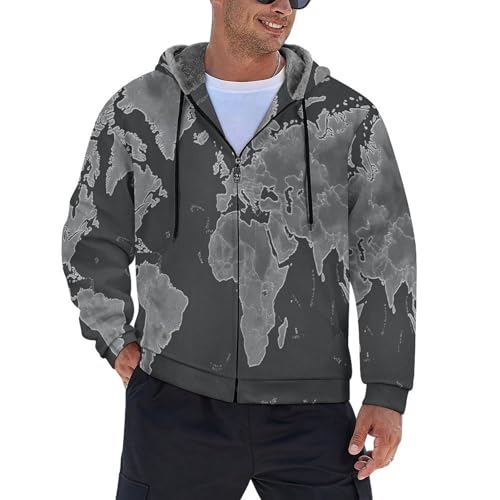 Chaqueta polar con cremallera para hombre y cazadora de invierno con estampado de mapa del mundo