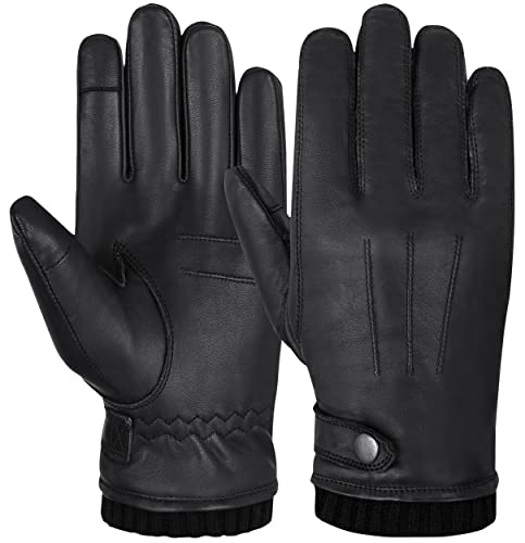 Hand Fellow Gants en cuir véritable pour homme avec doublure en polaire pour écran tactile Gants d'hiver Gants thermiques, Bordure noire., L Cover