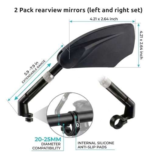 ESLIFE Bike Mirror Pair (2 Mirrors) HD Convex Glass Rear View, Handlebar Mirror with Extendable Arm (5.9–7.9 in / 15–20 cm), 360° Rotatable Mirror for Bicycles, Fits 20–25 mm Flat Handlebars - image 6