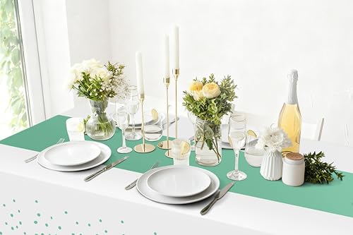 Image of Smiry Plastic Table Cloth Disposable 3 Pack, 54 x 108 Inch Rectangle Waterproof Tablecloth, Printed Gold Table Runner Style for Birthday Weeding, Party Decorations, Leakproof & Sturdy, White and Teal