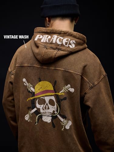 Image of The Souled Store One Piece: Pirates Men and Boys Long Sleeves Hooded Neck Brown Graphic Printed Cotton Blend Oversized Hoodies