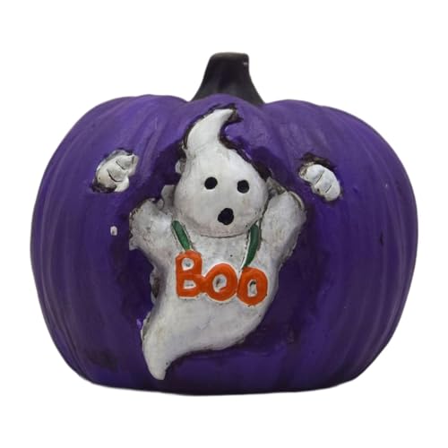 Jugutyeg Estatua de Calabaza Decorativa para Halloween Figura Creativa de Resina Coleccionable Escultura de Mesa Pequeña Adorno de Estantería Adecuada para, Fantasma Púrpura, Individual